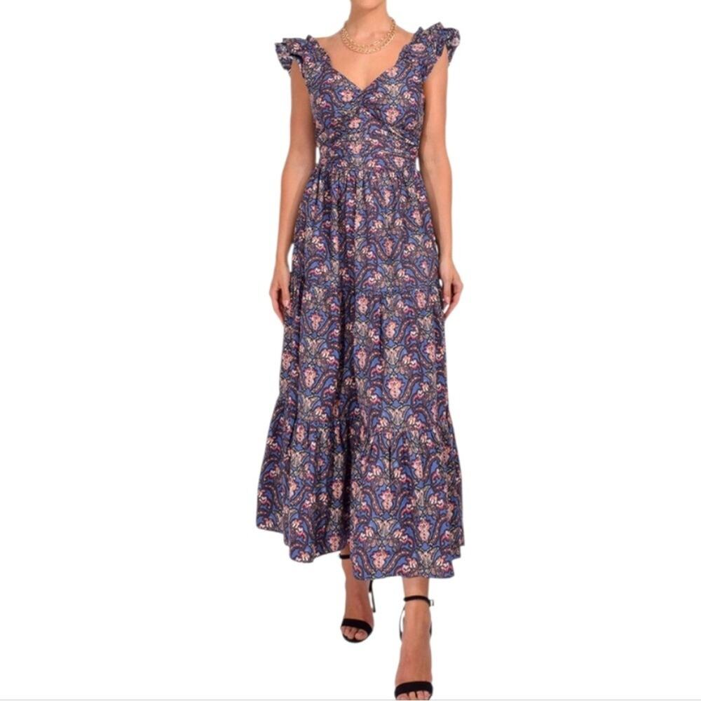 Caroline Constas Blue Pink Palsy Floral Maxi Dress with Ruffle Sleeves Sz M New